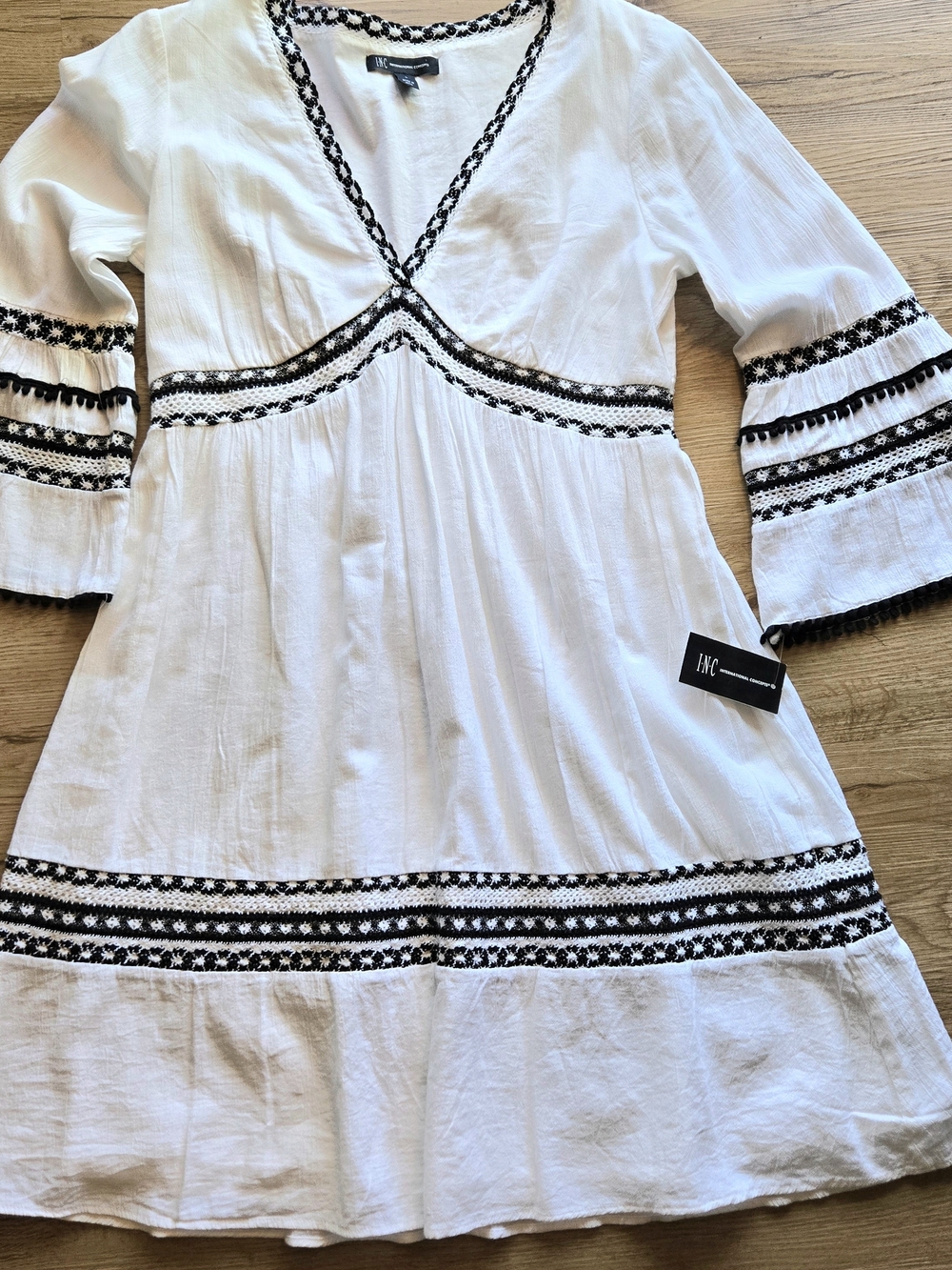 INC International Concepts White Boho Babydoll Dress With Embroidered Trim Sm